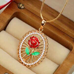 "Rose Gold Oval Pendant with Red Rose and Green Leaf Enamel Design, XPPT1379
